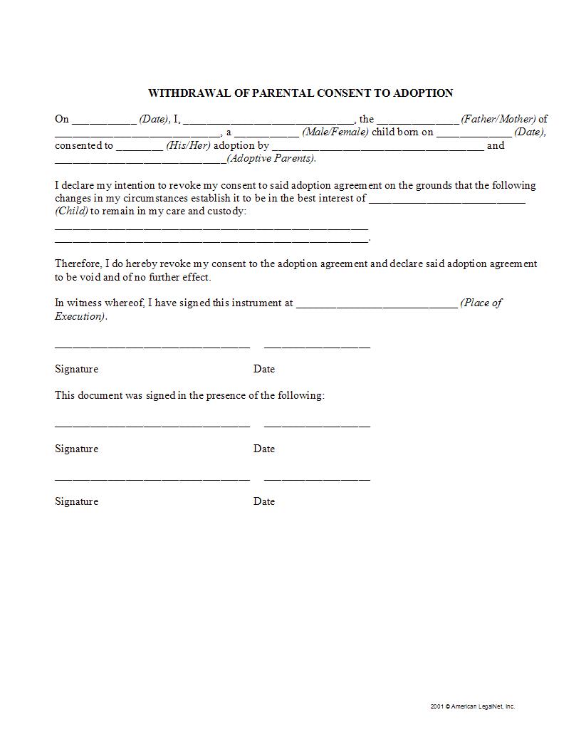 Withdrawal Of Parental Consent To Adoption | Pdf Fpdf Docx | Legal Forms