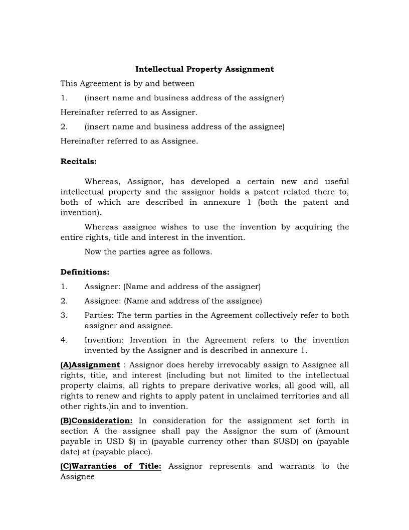 Intellectual Property Assignment {IP-102} | Pdf Fpdf Docx | Legal Forms