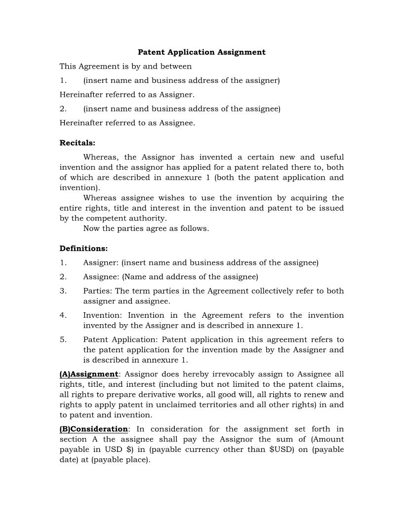 Patent Application  Assignment {IP-103} | Pdf Fpdf Docx | Legal Forms