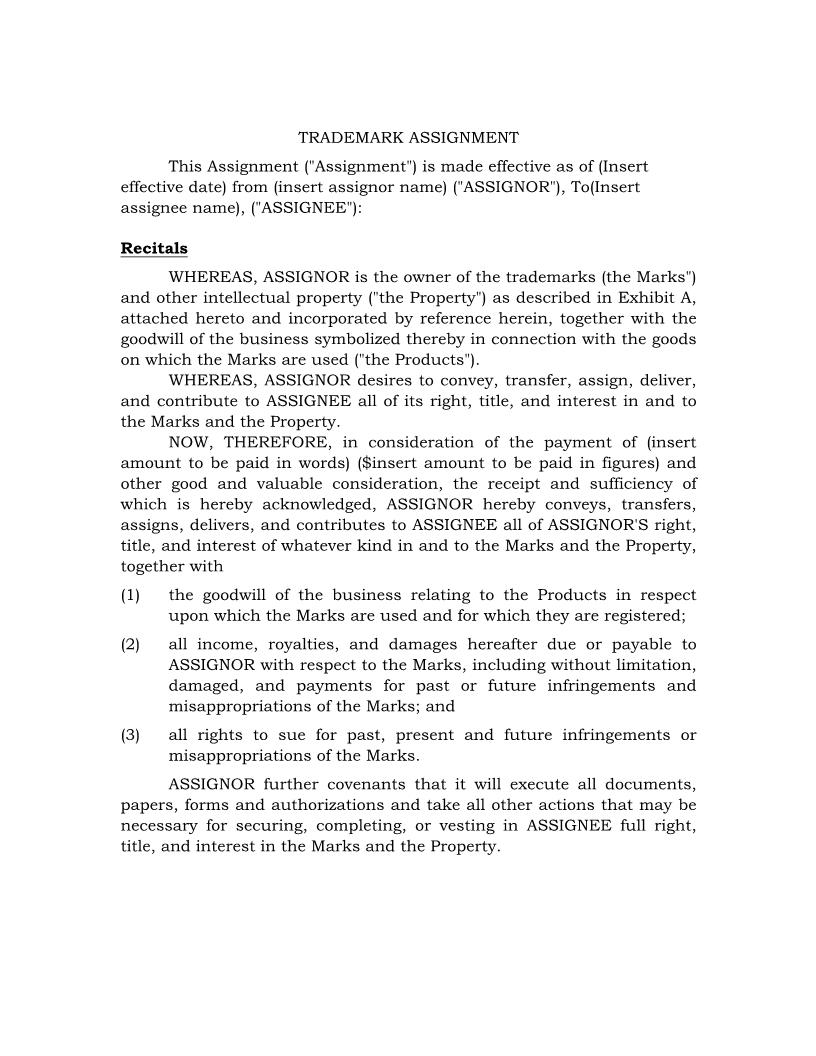 Trademark Assignment {IP-105} | Pdf Fpdf Docx | Legal Forms