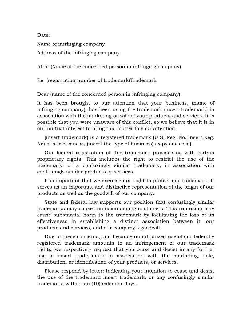 Trademark Cease And Desist {IP-106} | Pdf Fpdf Docx | Legal Forms