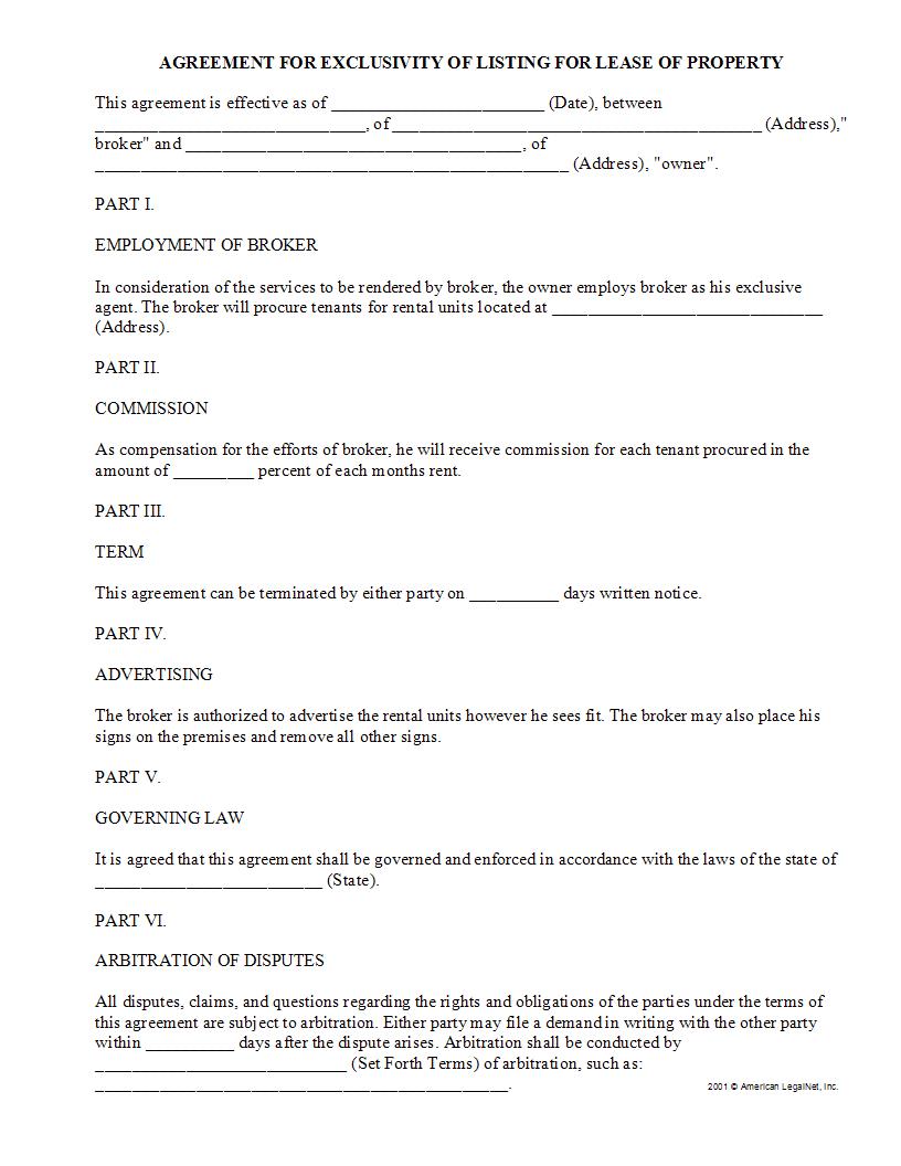 Agreement For Exclusivity Of Listing For Lease Of Property | Pdf Fpdf Docx | Legal Forms