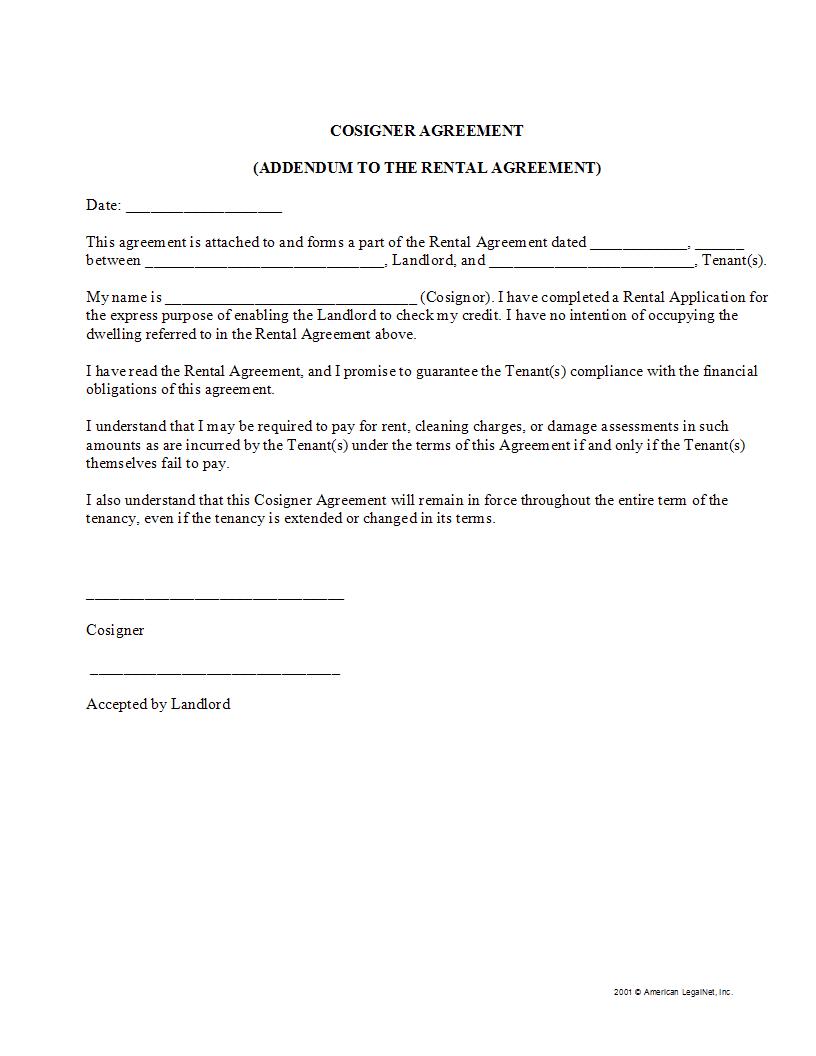 Cosigner Agreement Addendum To The Rental Agreement | Pdf Fpdf Docx | Legal Forms