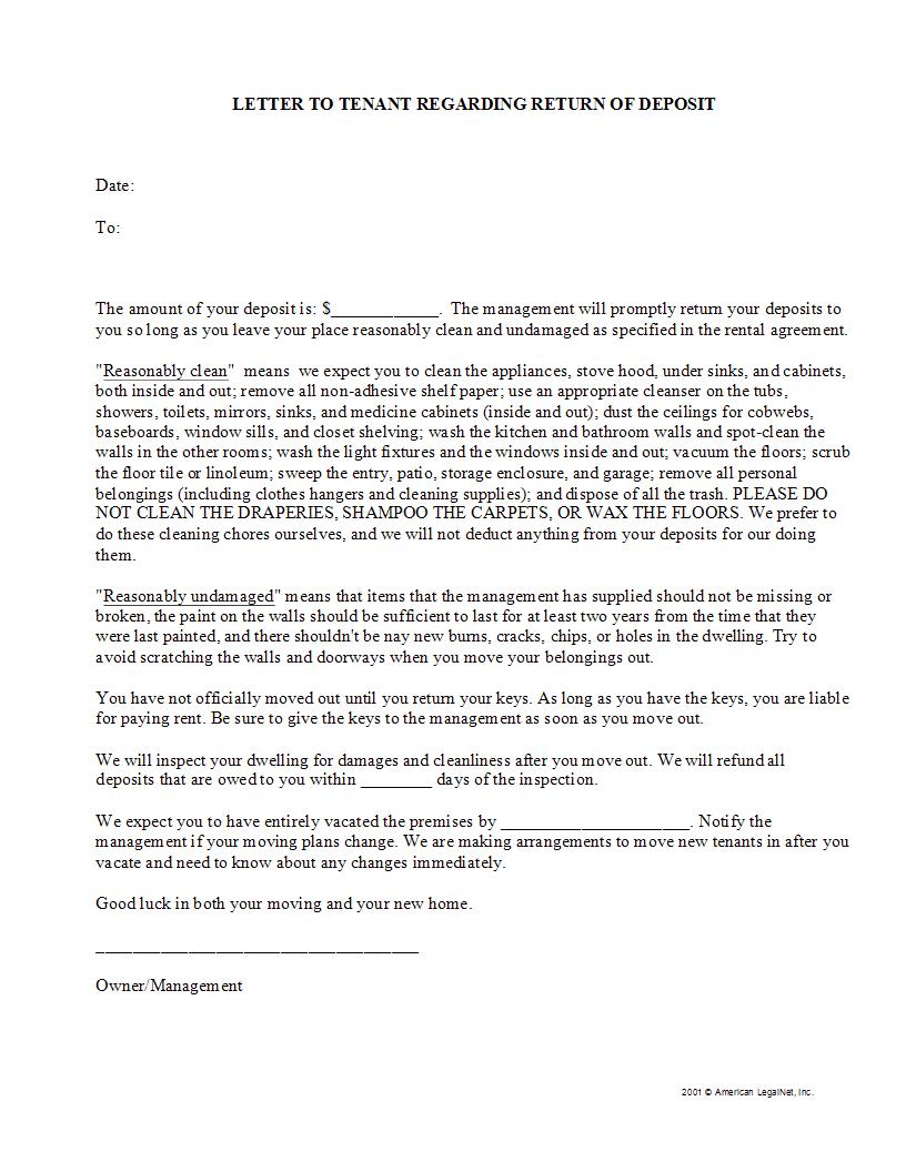 Letter To Tenant Regarding Return Of Deposit | Pdf Fpdf Docx | Legal Forms