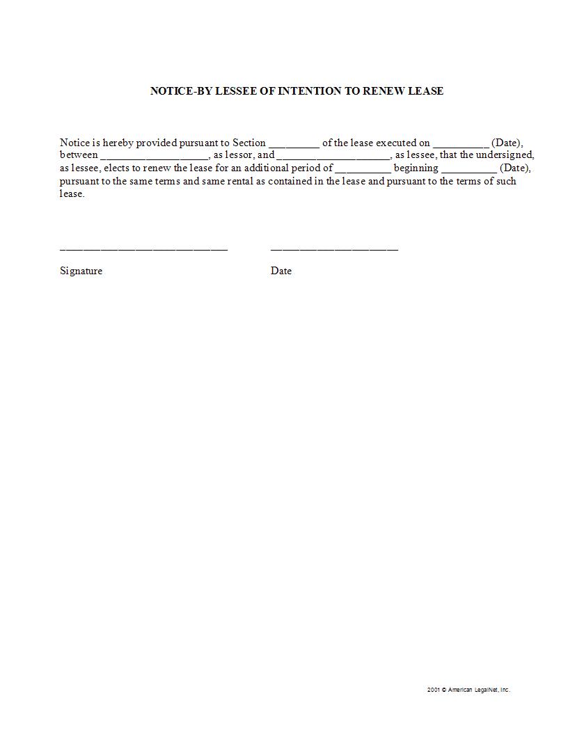 Notice By Lessee Of Intention To Renew Lease | Pdf Fpdf Docx | Legal Forms