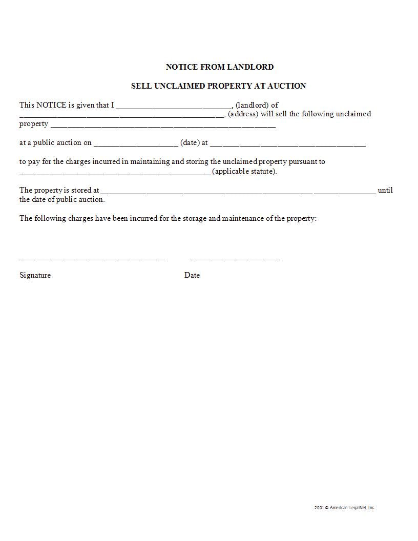 Notice From Landlord Sell Unclaimed Property At Auction | Pdf Fpdf Docx | Legal Forms