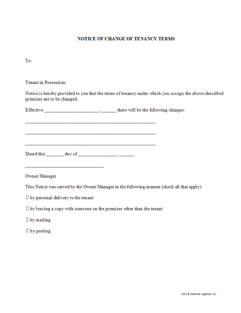 Notice Of Change Of Tenancy Terms | Pdf Fpdf Docx | Legal Forms