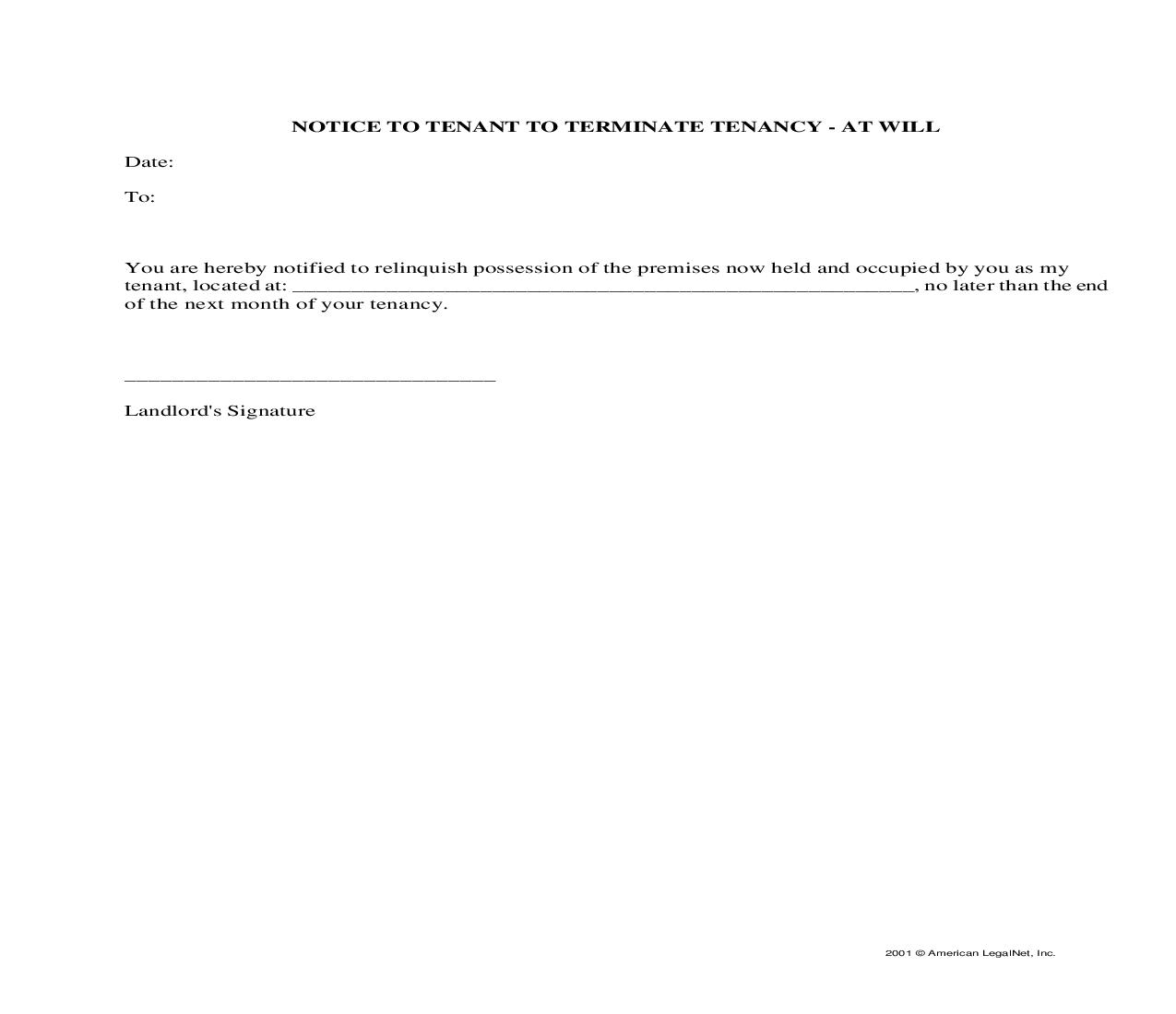 Notice To Tenant To Terminate Tenancy At Will | Pdf Fpdf Docx | Legal Forms
