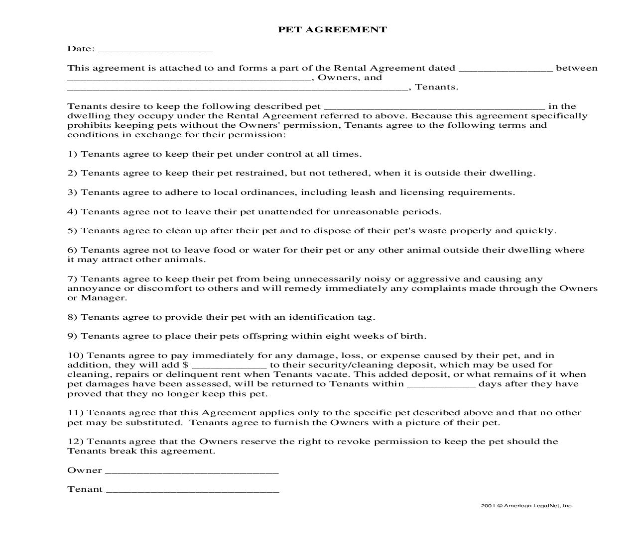 Pet Agreement | Pdf Fpdf Docx | Legal Forms