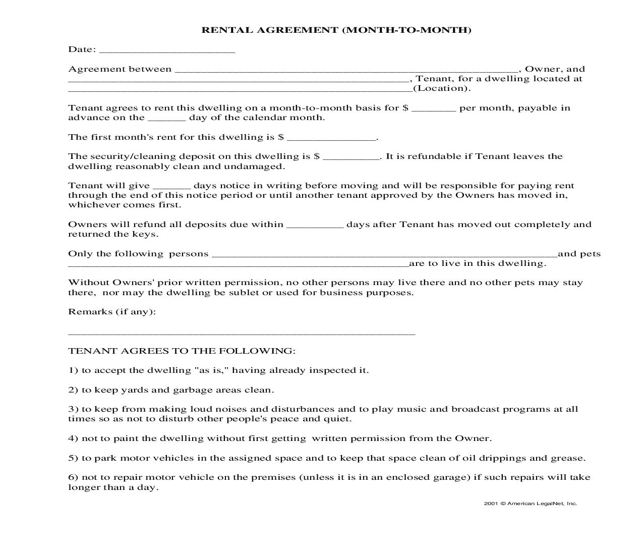 Rental Agreement-month To Month | Pdf Fpdf Docx | Legal Forms