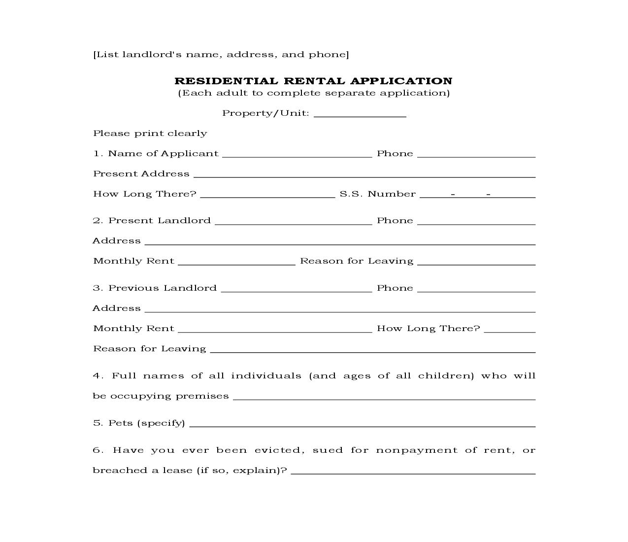 Residential Rent Application {LT-105} | Pdf Fpdf Docx | Legal Forms