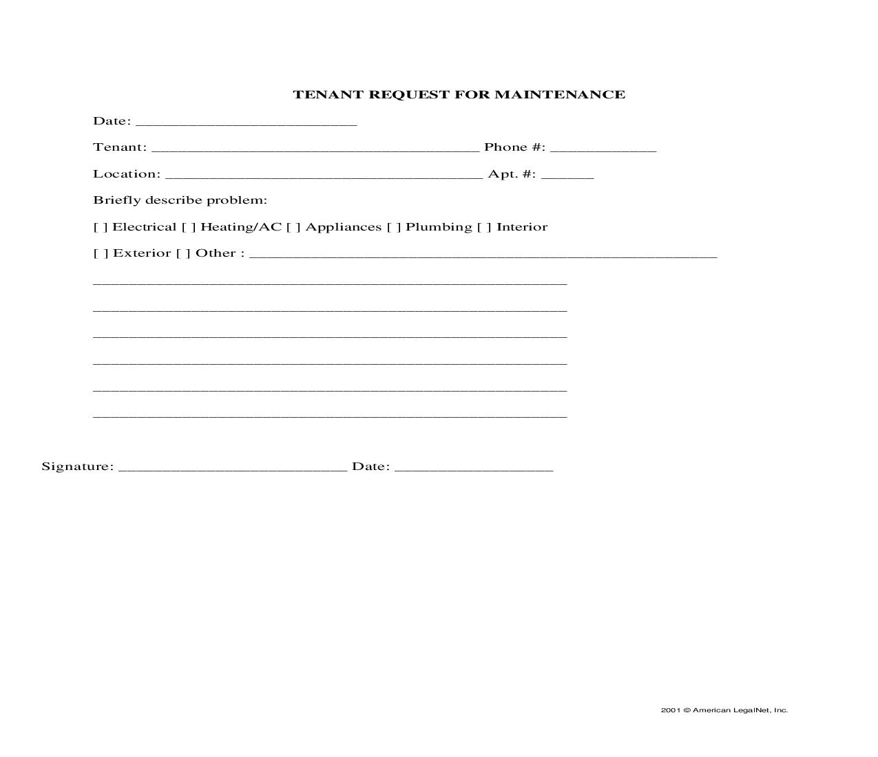 Tenant Request For Maintenance | Pdf Fpdf Docx | Legal Forms