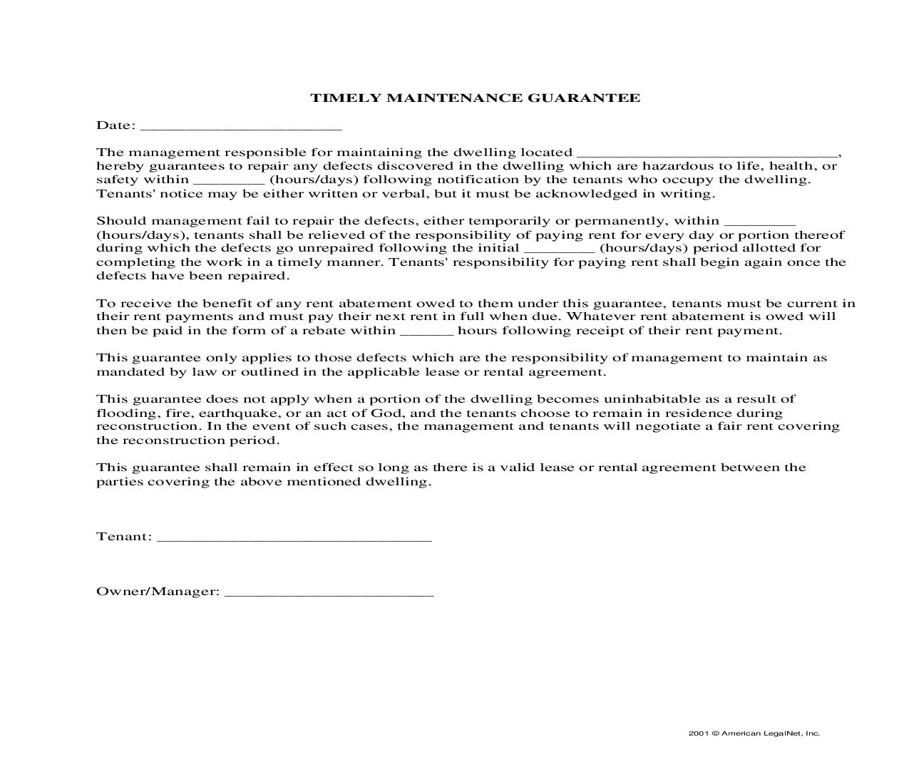 Timely Maintenance Guarantee | Pdf Fpdf Docx | Legal Forms