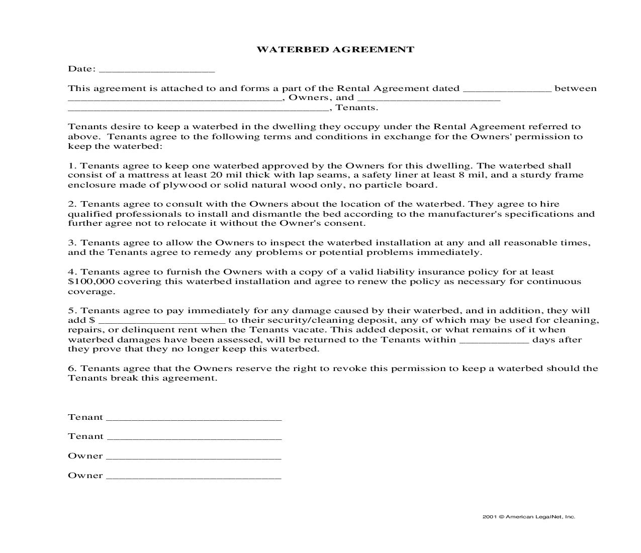 Waterbed Agreement | Pdf Fpdf Docx | Legal Forms