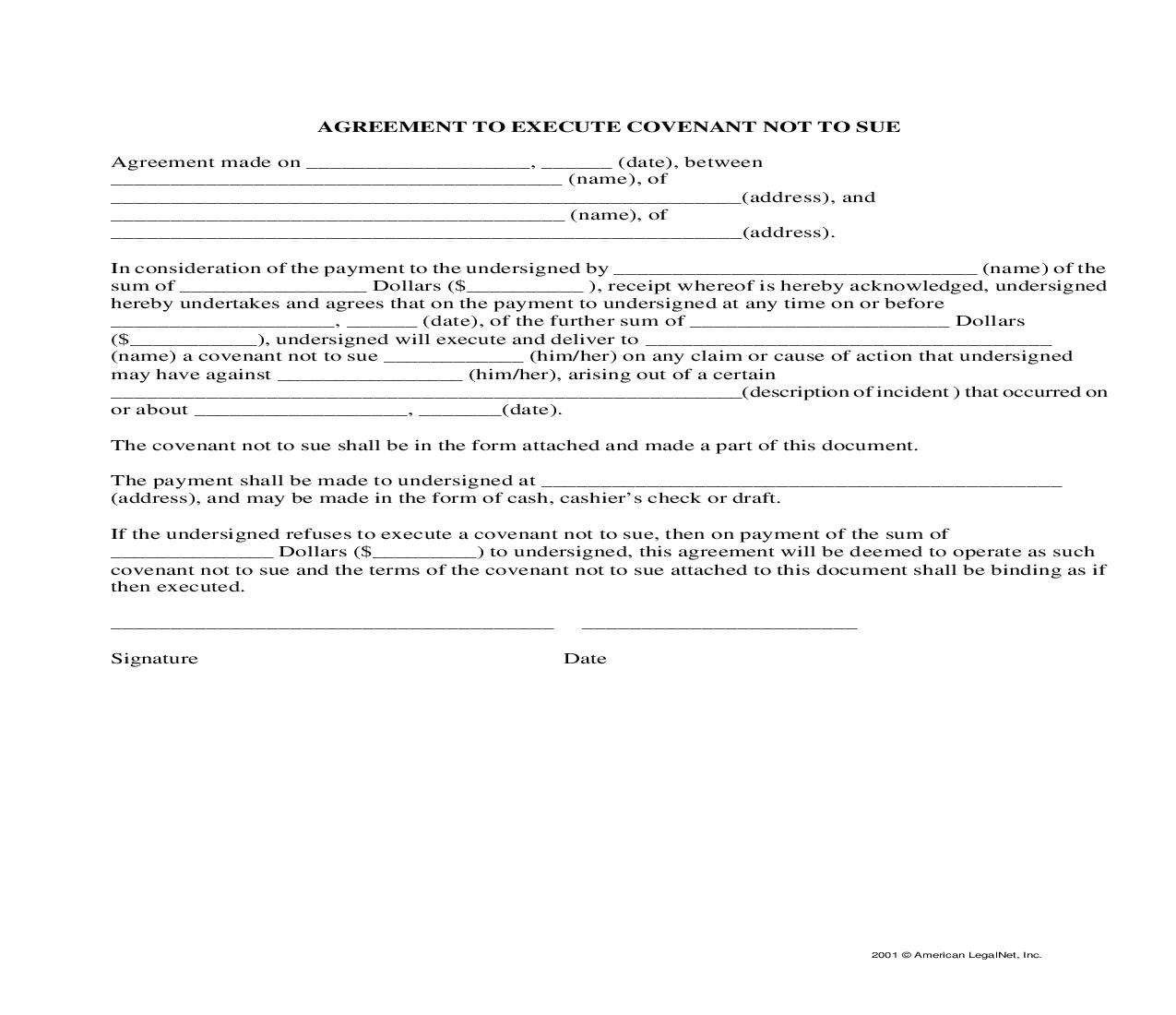 Agreement To Execute Covenant Not To Sue | Pdf Fpdf Docx | Legal Forms