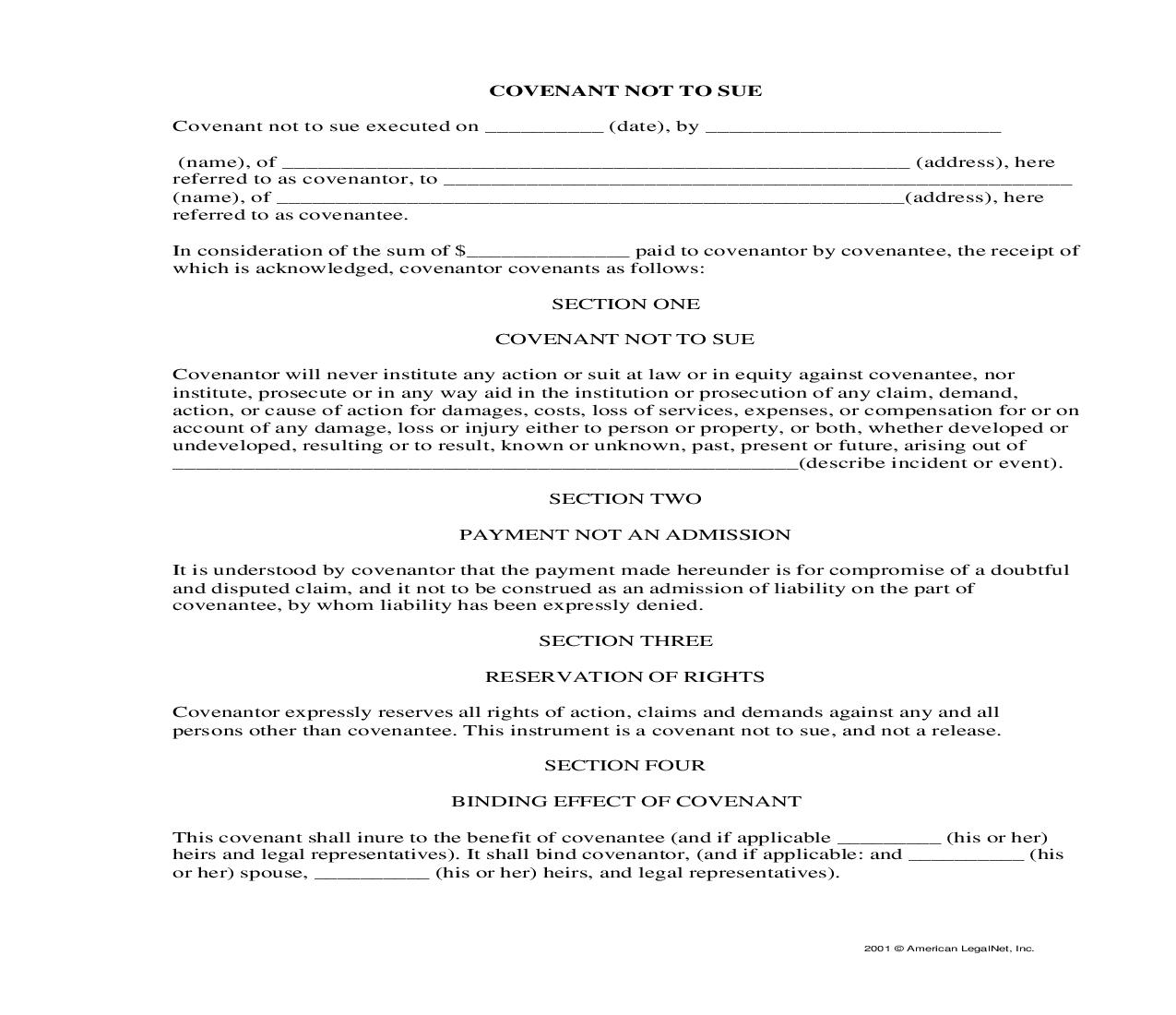 Covenant Not To Sue | Pdf Fpdf Docx | Legal Forms