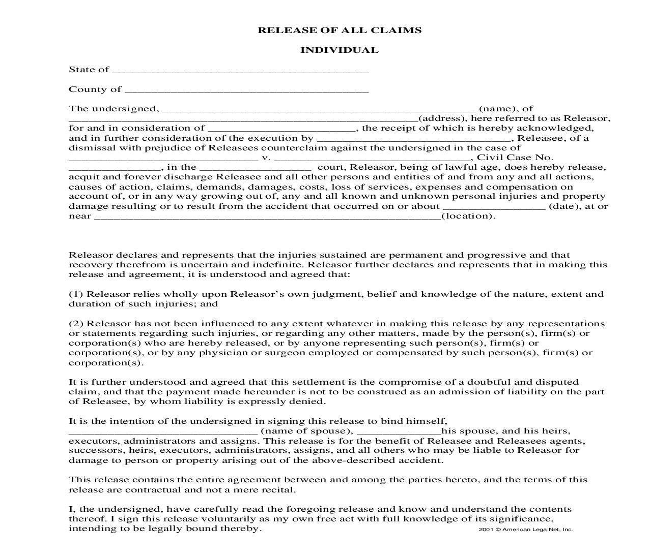 Release Of All Claims Individual | Pdf Fpdf Docx | Legal Forms