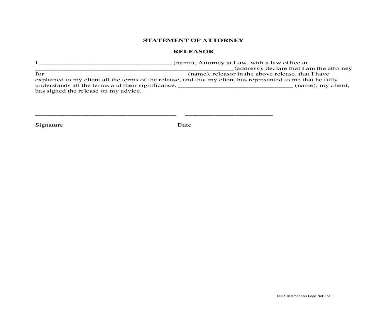 Statement Of Attorney Releasor | Pdf Fpdf Docx | Legal Forms