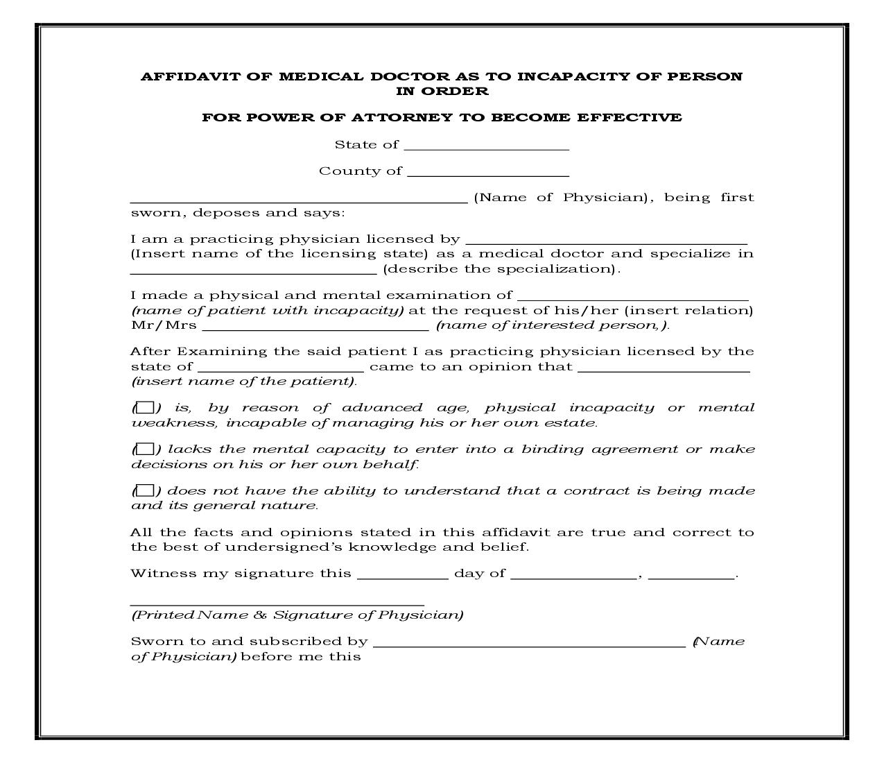 Affidavit Of Medical Doctor As To Incapacity Of Person In Order For Power Of Attorney To Become Effective (Generic) {POA 500} | Pdf Fpdf Docx | Legal Forms