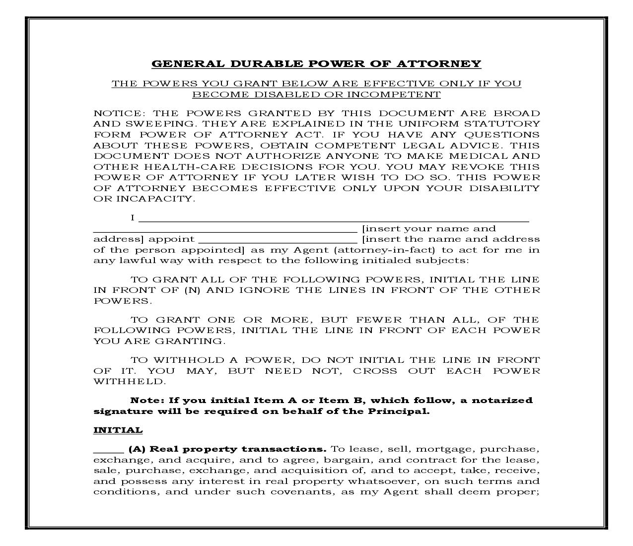 General Durable Power Of Attorney For Property And Finances Effective Upon Disability (Generic) {POA 502} | Pdf Fpdf Docx | Legal Forms