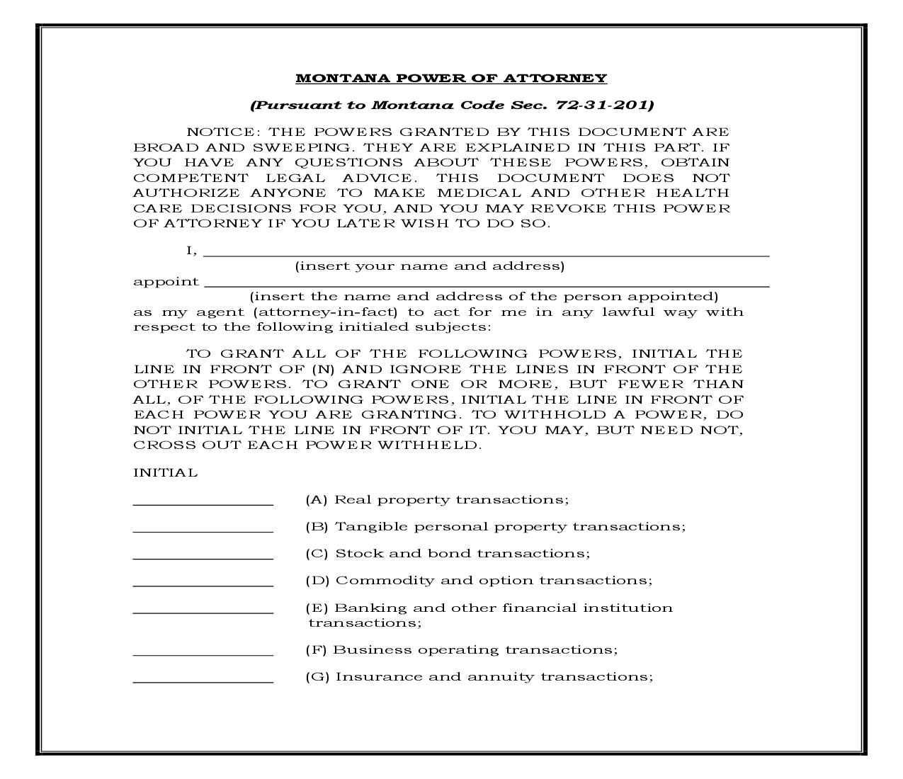 General Power Of Attorney - General Powers (Montana) {POA-MT 100} | Pdf Doc Docx | Legal Forms