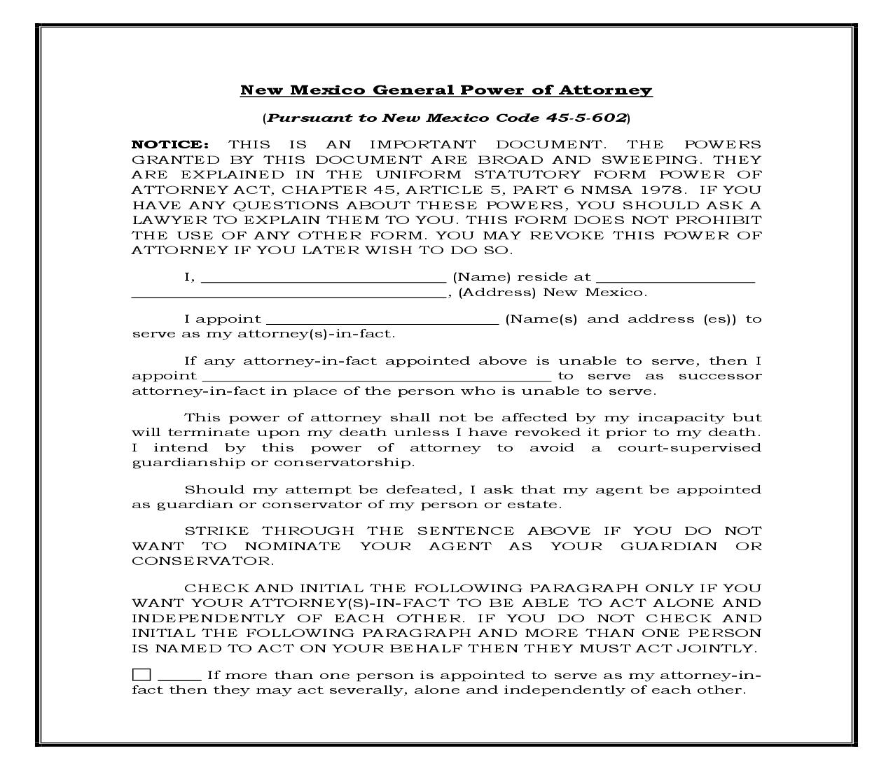 General Power Of Attorney - General Powers (New Mexico) {POA-NM 100} | Pdf Doc Docx | Legal Forms