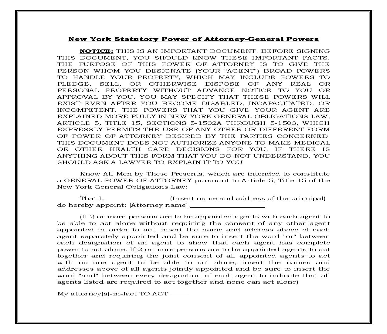 General Power Of Attorney - General Powers (New York) {POA-NY 101} | Pdf Doc Docx | Legal Forms