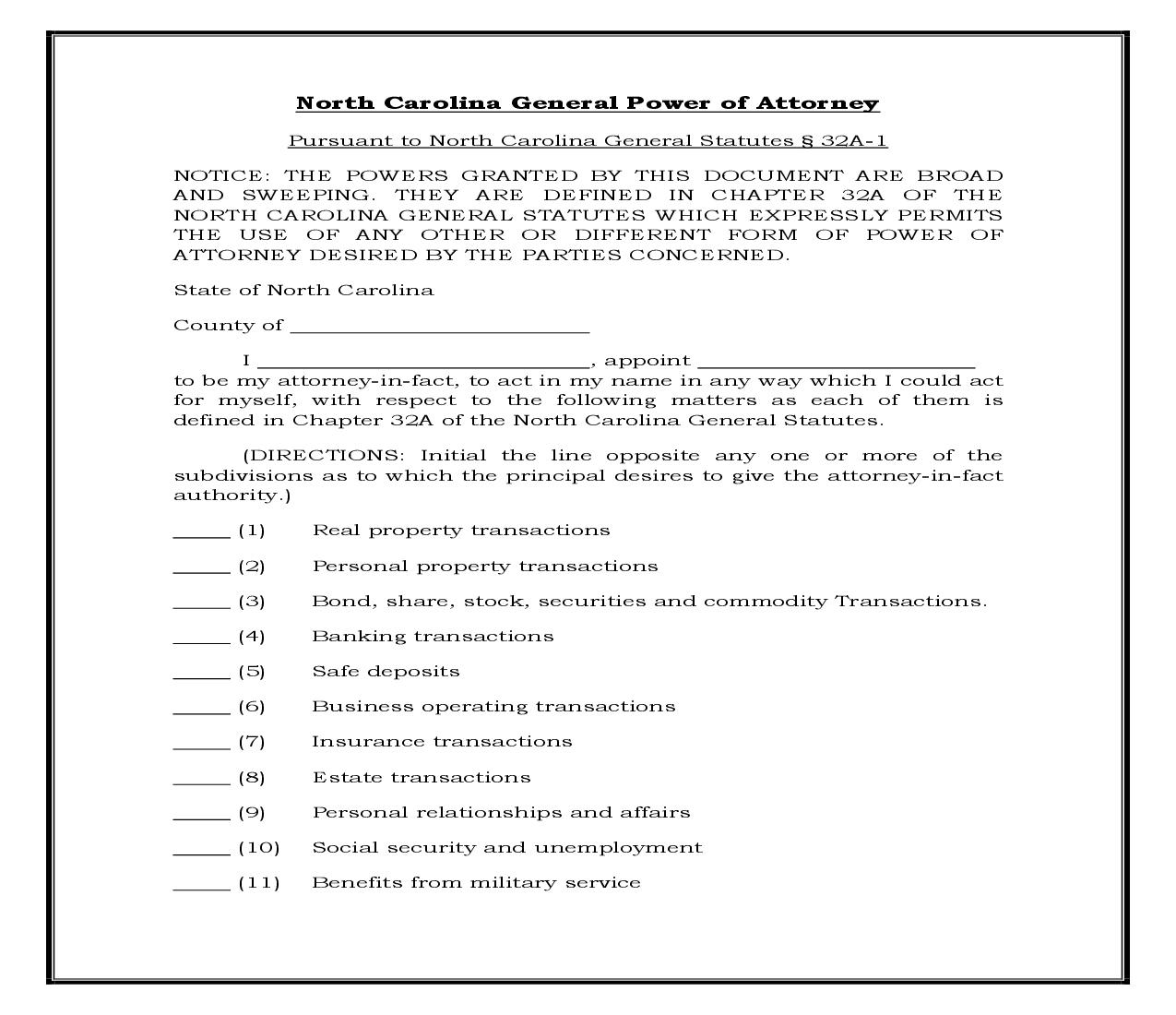 General Power Of Attorney - General Powers (North Carolina) {POA-NC 100} | Pdf Doc Docx | Legal Forms