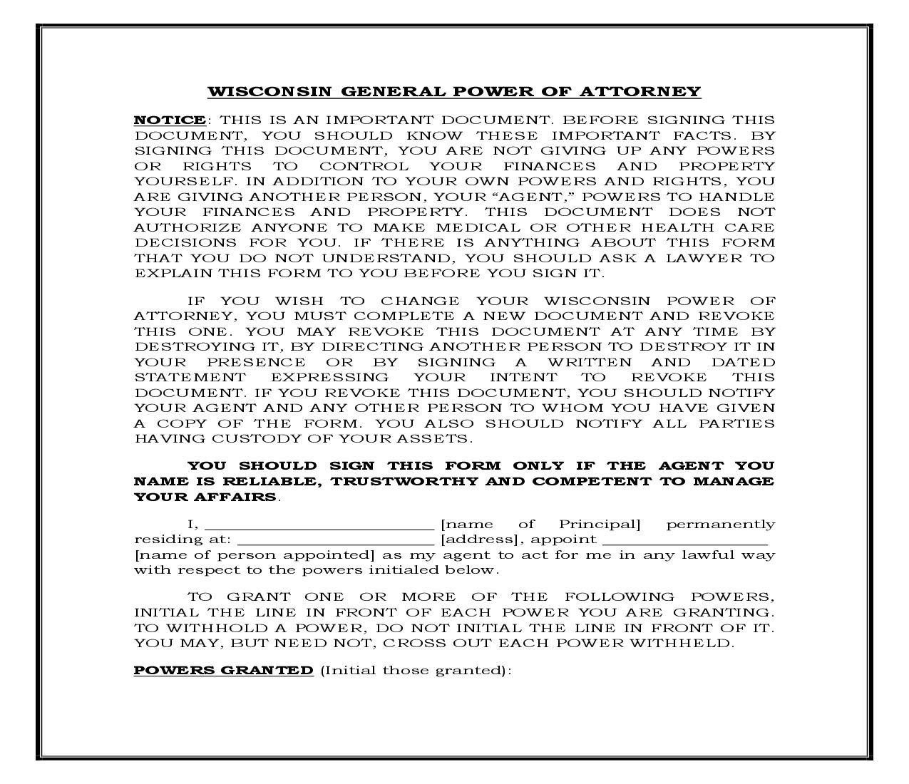 General Power Of Attorney - General Powers (Wisconsin) {POA-WI 100} | Pdf Doc Docx | Legal Forms
