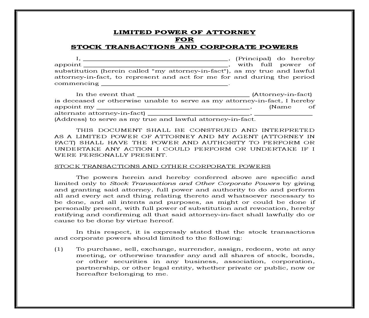 Limited Power Of Attorney For Stock Transactions And Corporate Powers (Generic) {POA 400} | Pdf Fpdf Docx | Legal Forms