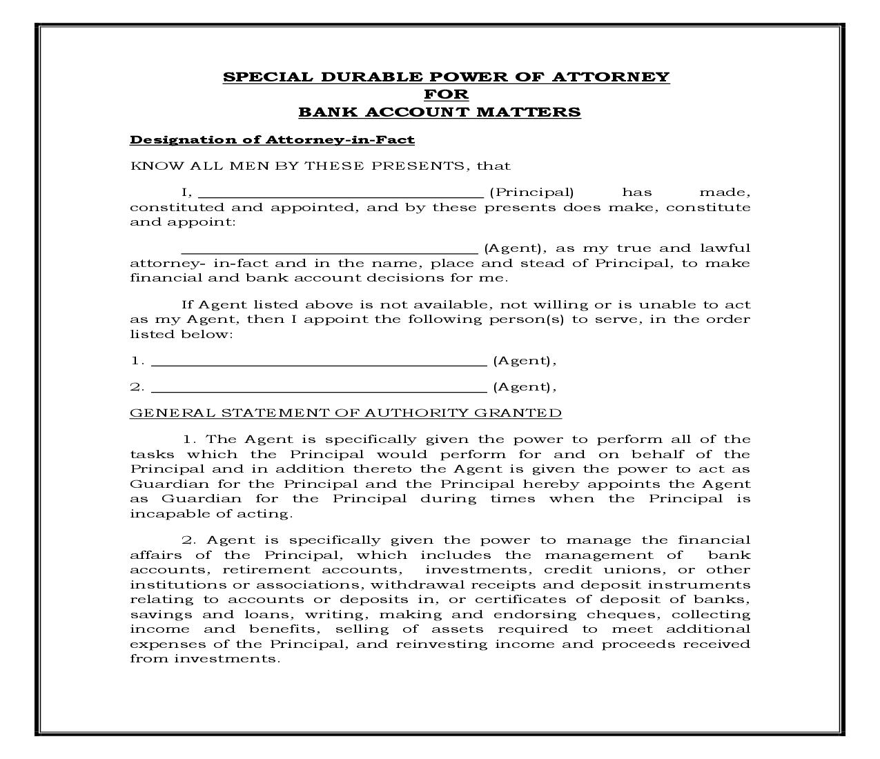 Special Durable Power Of Attorney For Bank Account Matters (Generic) {POA 403} | Pdf Fpdf Docx | Legal Forms