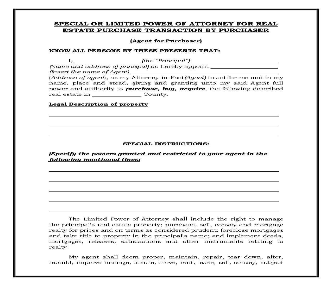 Special Or Limited Power Of Attorney For Real Estate Purchase Transaction By Purchaser (Generic) {POA 404} | Pdf Fpdf Docx | Legal Forms