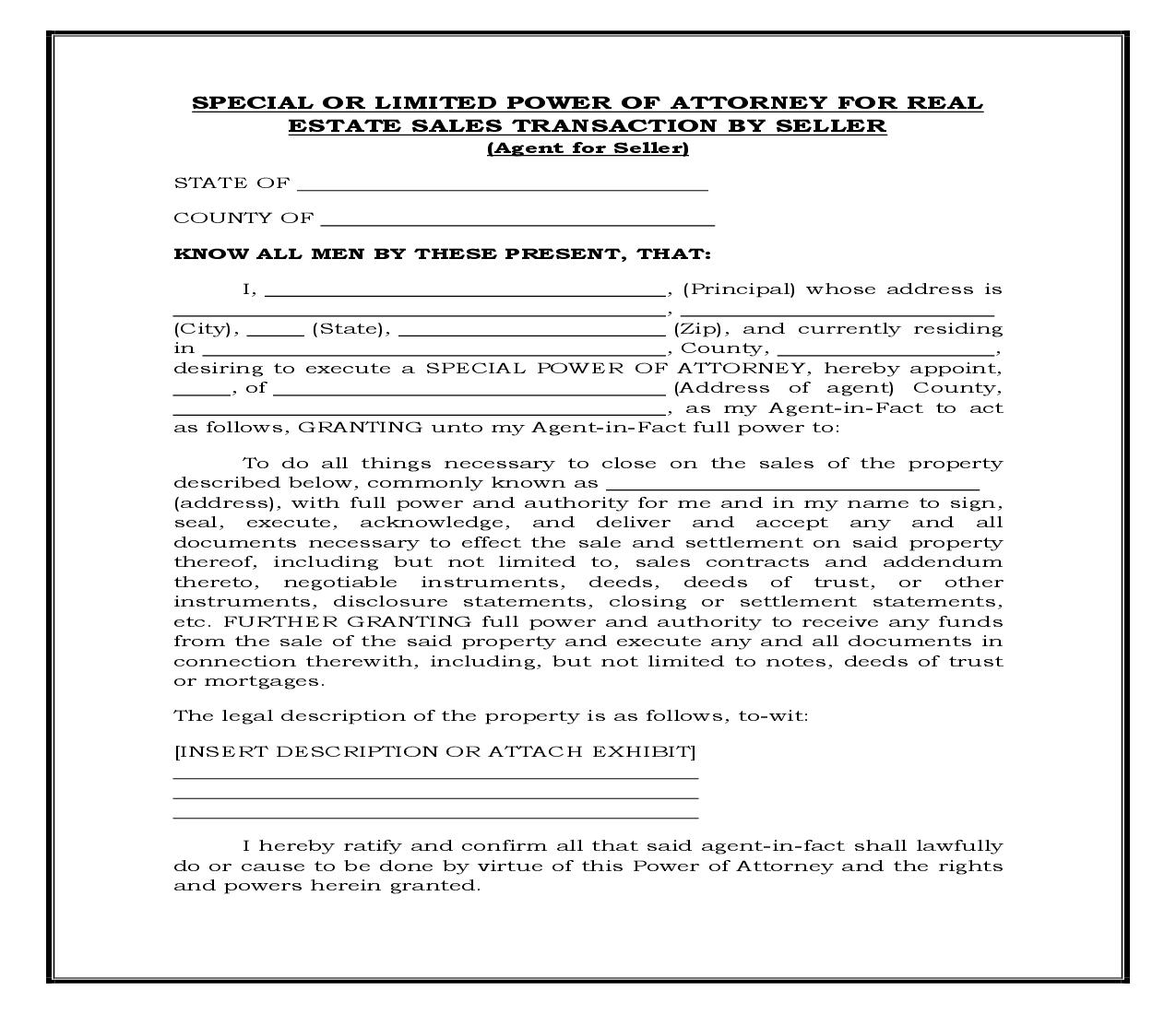 Special Or Limited Power Of Attorney For Real Estate Sales Transaction By Seller (Generic) {POA 405} | Pdf Fpdf Docx | Legal Forms