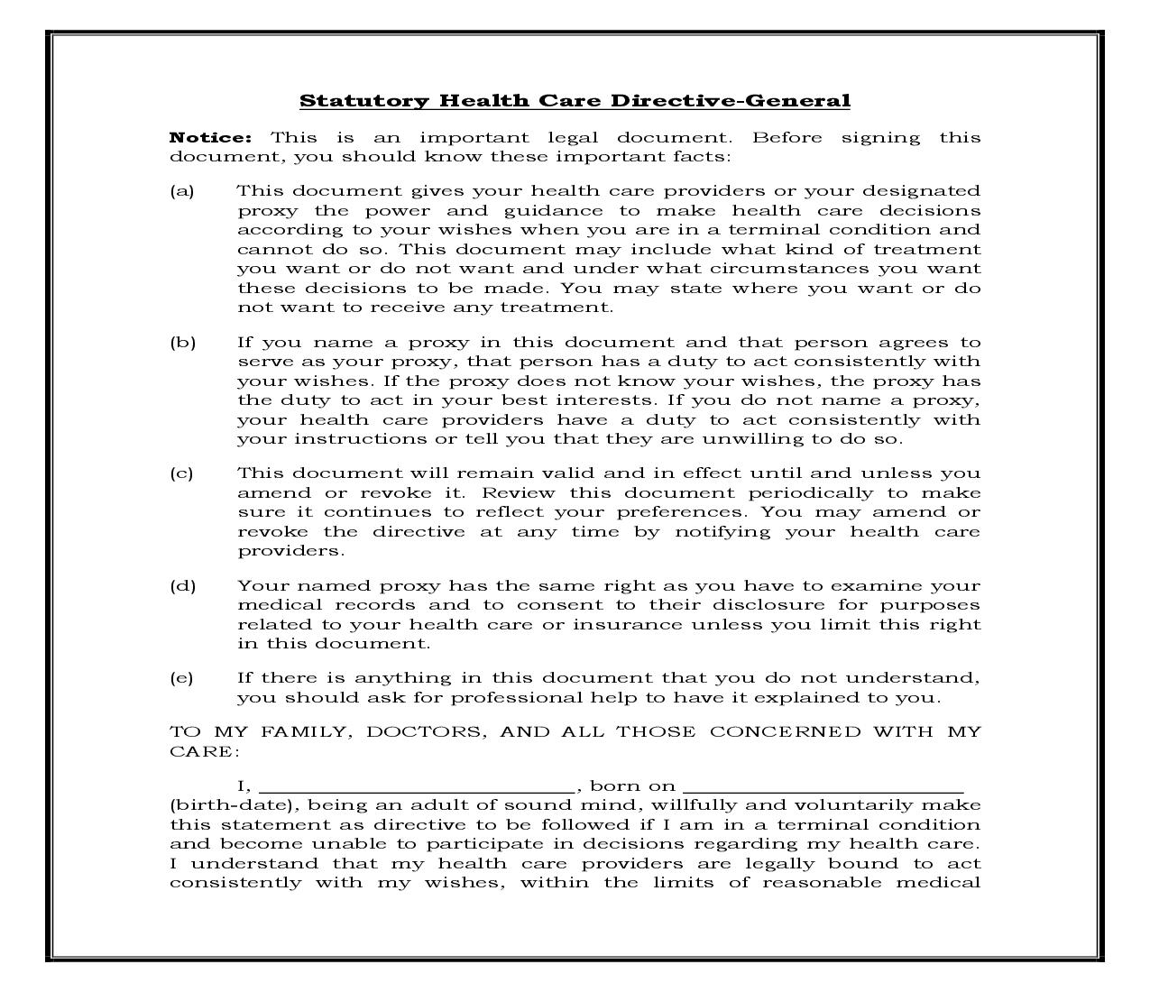 Statutory Health Care Directive (Generic) {POA 202} | Pdf Fpdf Docx | Legal Forms