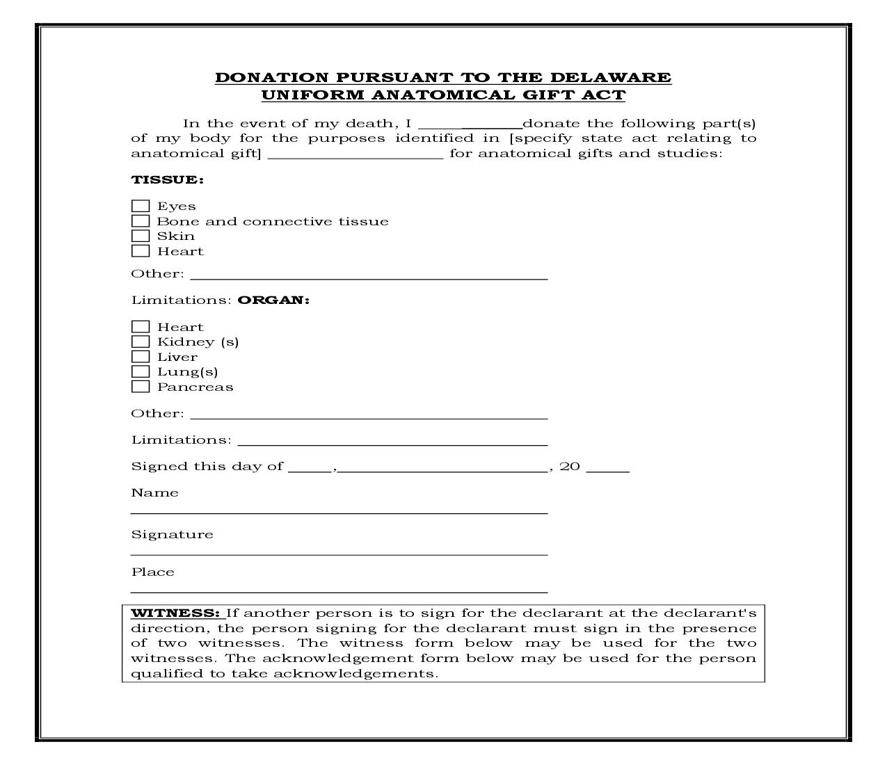 Uniform Anatomical Gift Act Donation (Generic) {POA 203} | Pdf Fpdf Docx | Legal Forms
