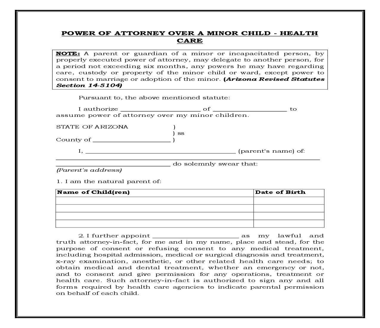 General Power Of Attorney For Care And Custody Of Child (Arizona) {POA-AZ 102} | Pdf Doc Docx | Legal Forms