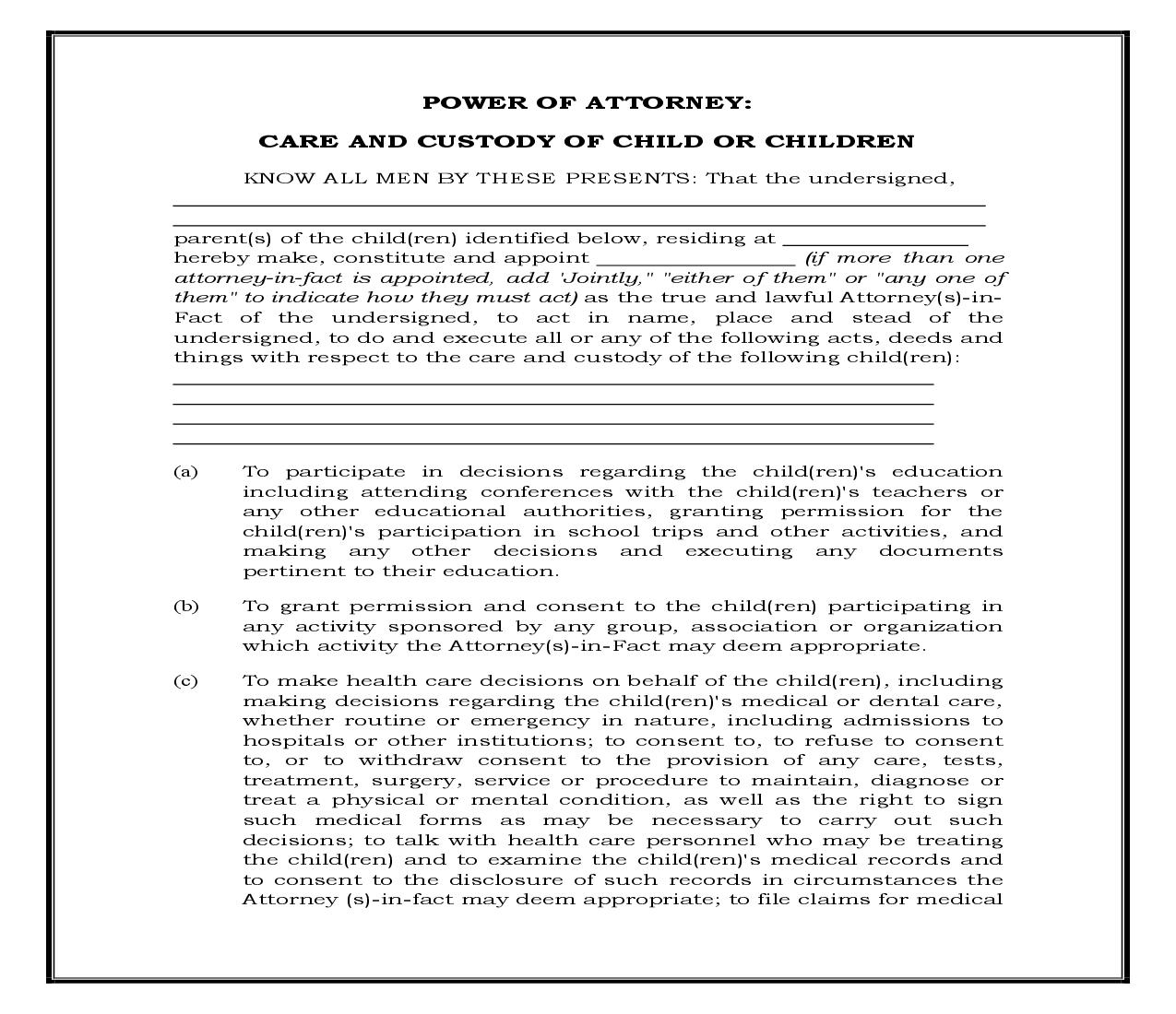 General Power Of Attorney For Care And Custody Of Child (Generic) {POA 300} | Pdf Fpdf Docx | Legal Forms