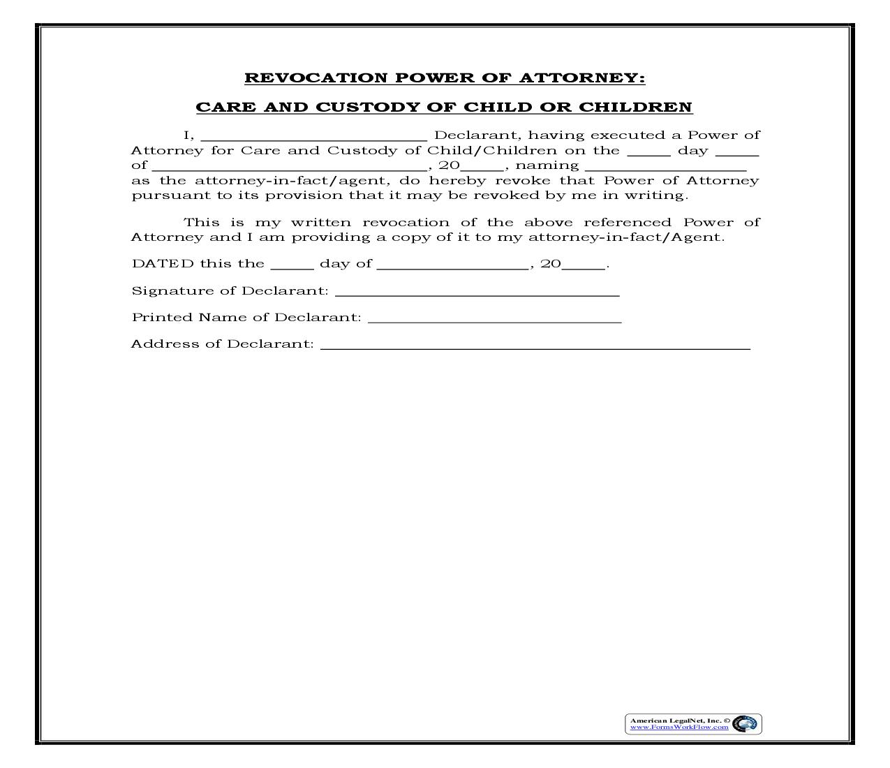 Revocation Power Of Attorney For Care And Custody Of Child (Generic) {POA 301} | Pdf Fpdf Docx | Legal Forms