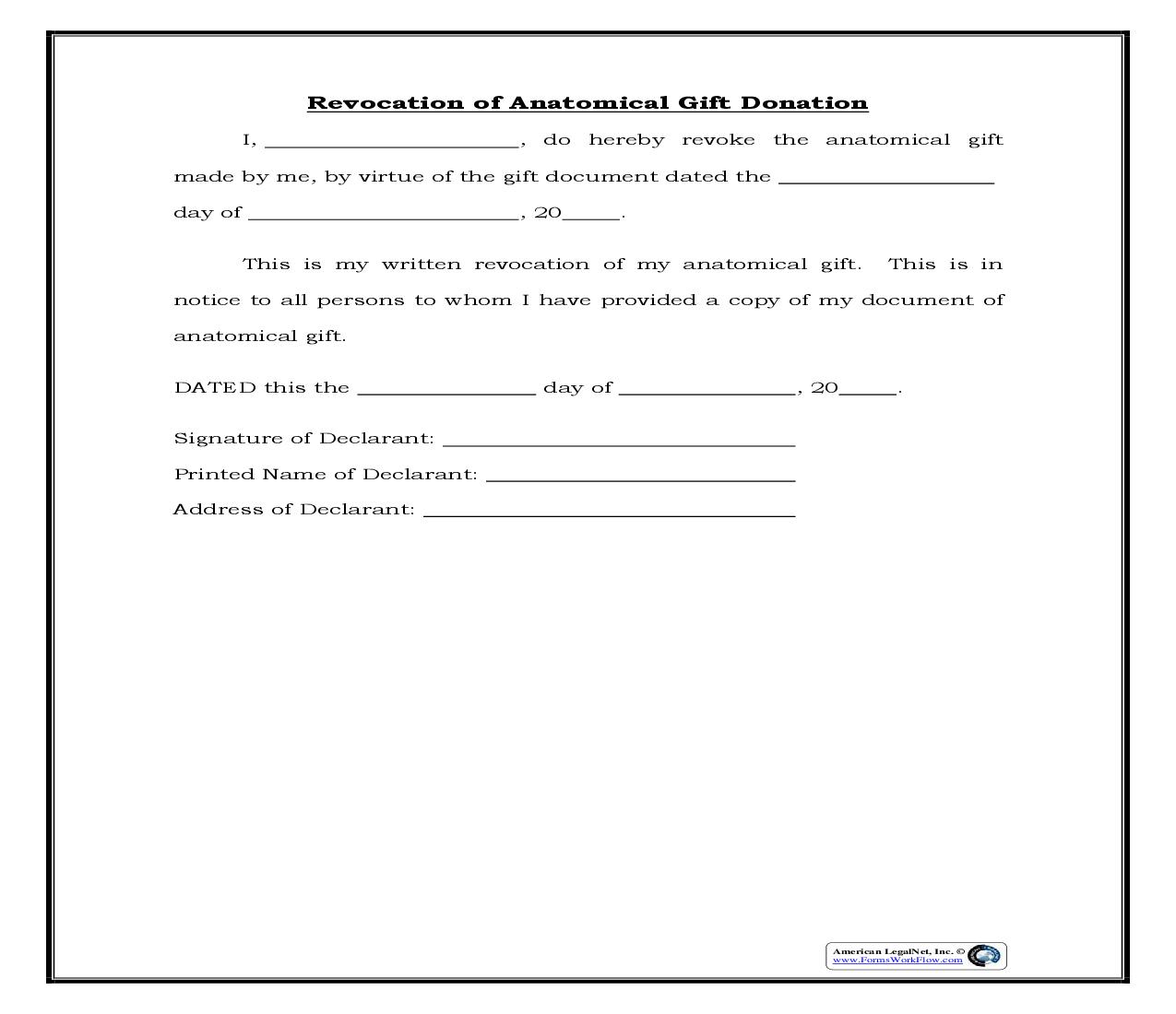 Revocation Of Anatomical Gift Donation (Generic) {POA 600} | Pdf Fpdf Docx | Legal Forms