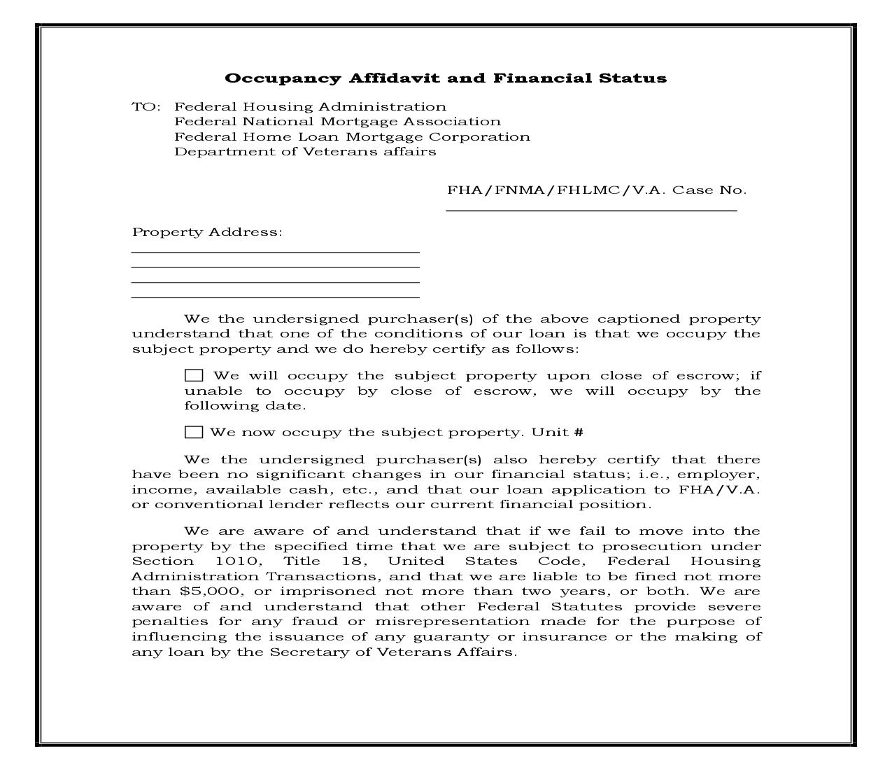 Affidavit Of Occupancy And Financial Status {RE-1000CL} | Pdf Fpdf Docx | Legal Forms