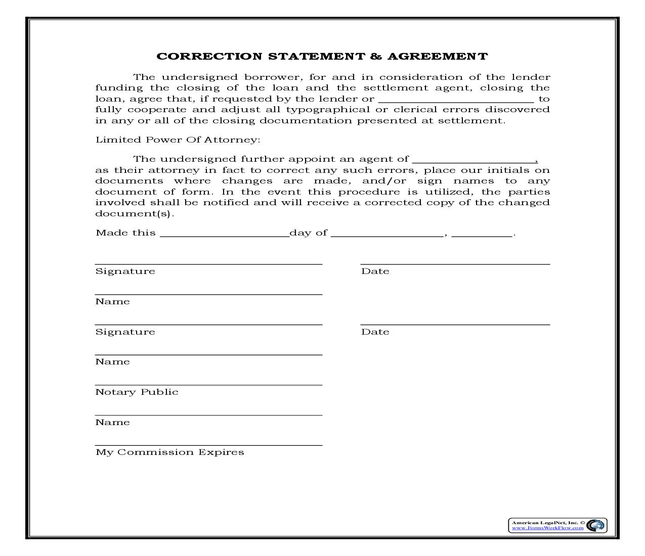 Correction Statement And Agreement {RE-1001CL} | Pdf Fpdf Docx | Legal Forms