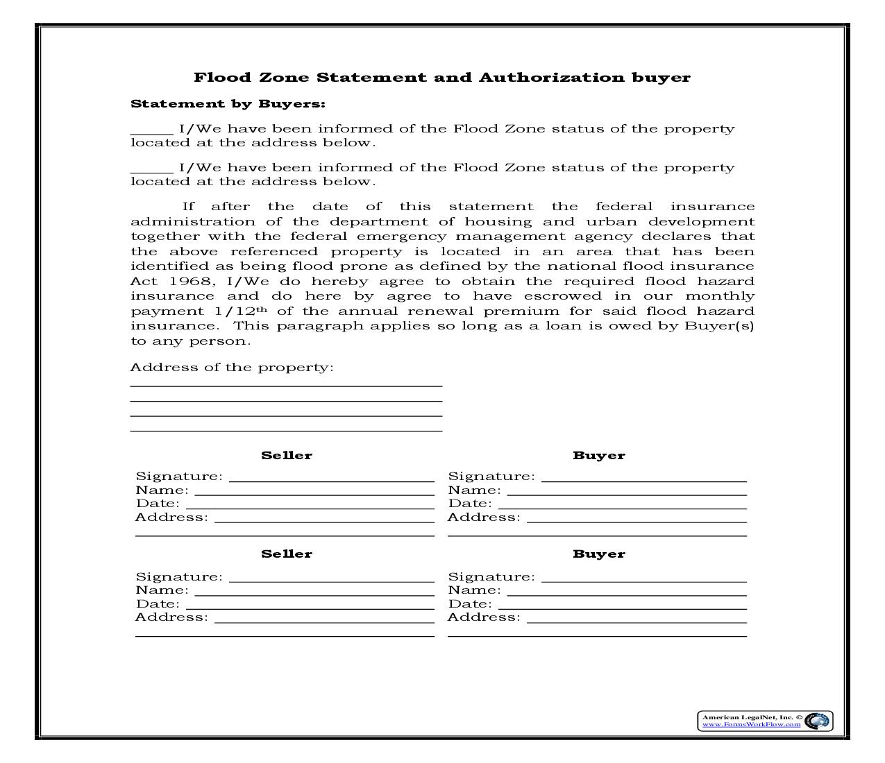 Flood Zone Statement And Authorization Buyer {RE-1002CL} | Pdf Fpdf Docx | Legal Forms