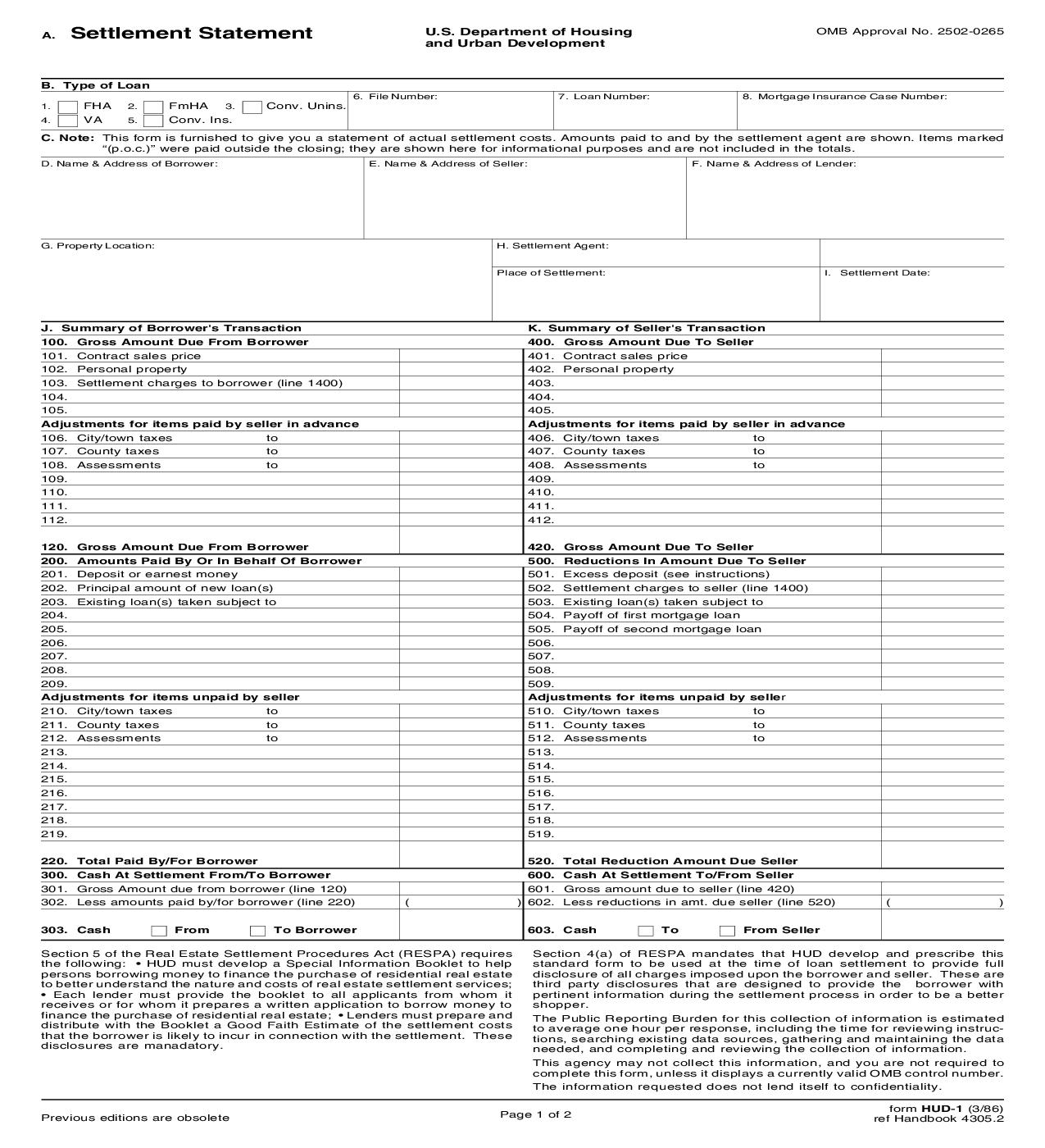 HUD-1 Settlement Statement {HUD-1} | Pdf Fpdf Docx | Legal Forms