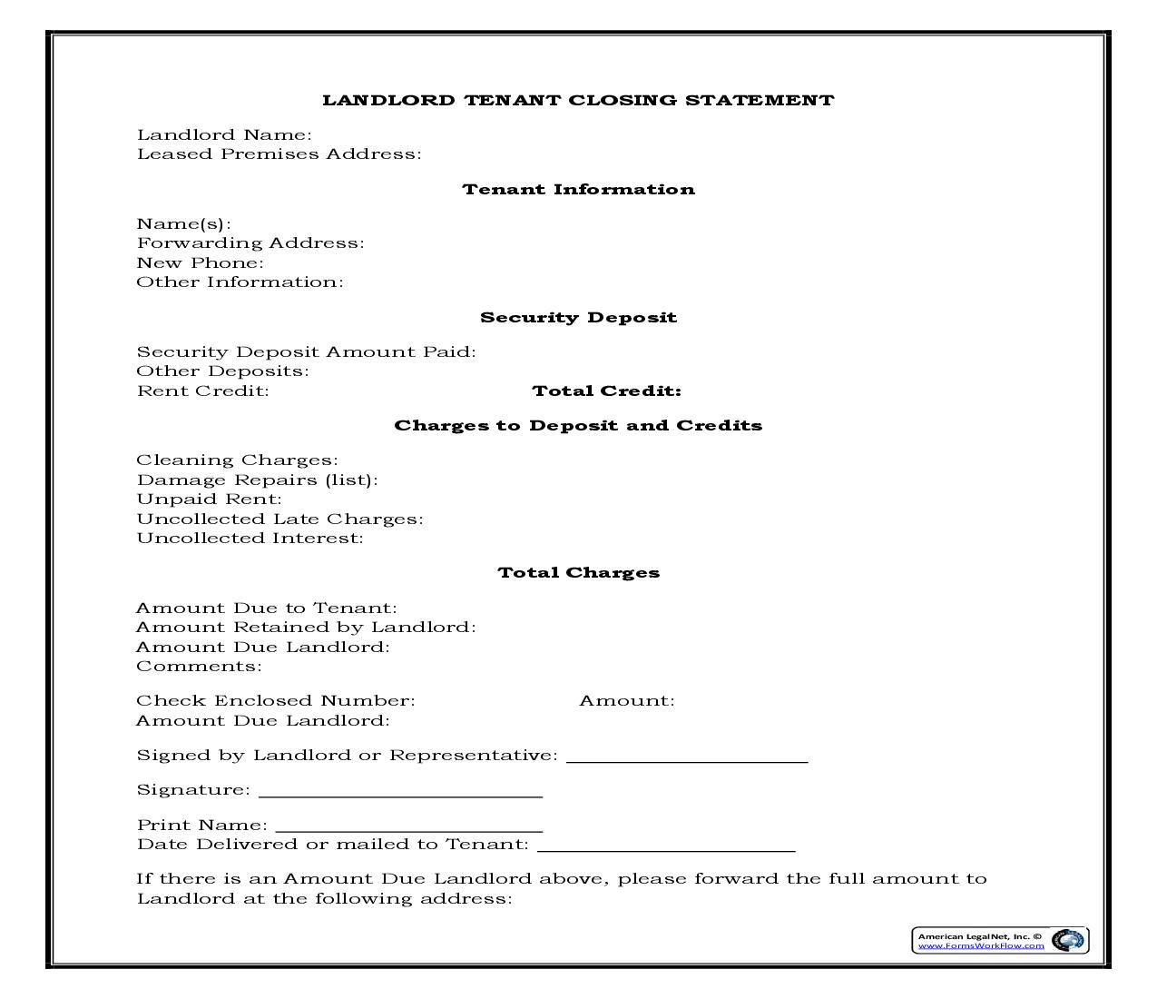 Landlord Tenant Closing Statement To Reconcile Security Deposit {RE-1004CL} | Pdf Fpdf Docx | Legal Forms