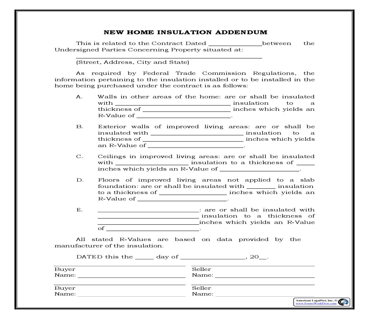 Addendum For New Home Insulation Disclosure - Required By FTC {RE-2001AD} | Pdf Fpdf Docx | Legal Forms