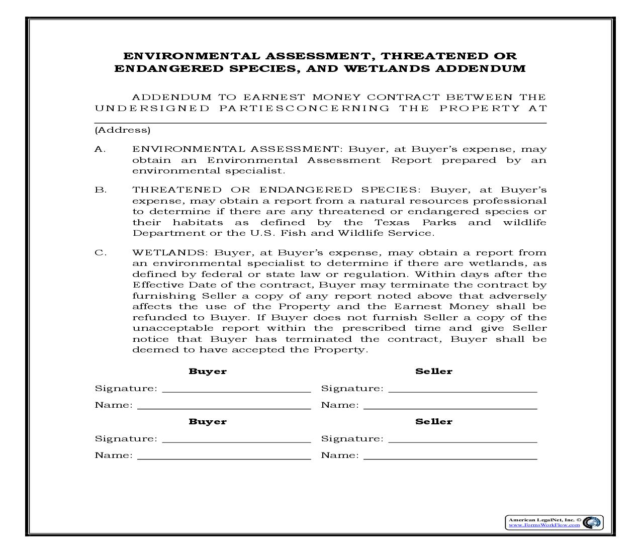 Environmental Assessment Threatened or Endangered Species And Wetlands Addendum {RE-2005AD} | Pdf Fpdf Docx | Legal Forms
