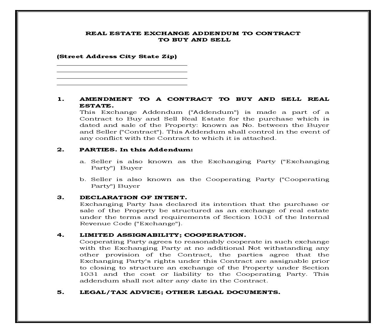 Exchange Addendum To Contract - Tax Free Exchange Section 1031 {RE-2006AD} | Pdf Fpdf Docx | Legal Forms