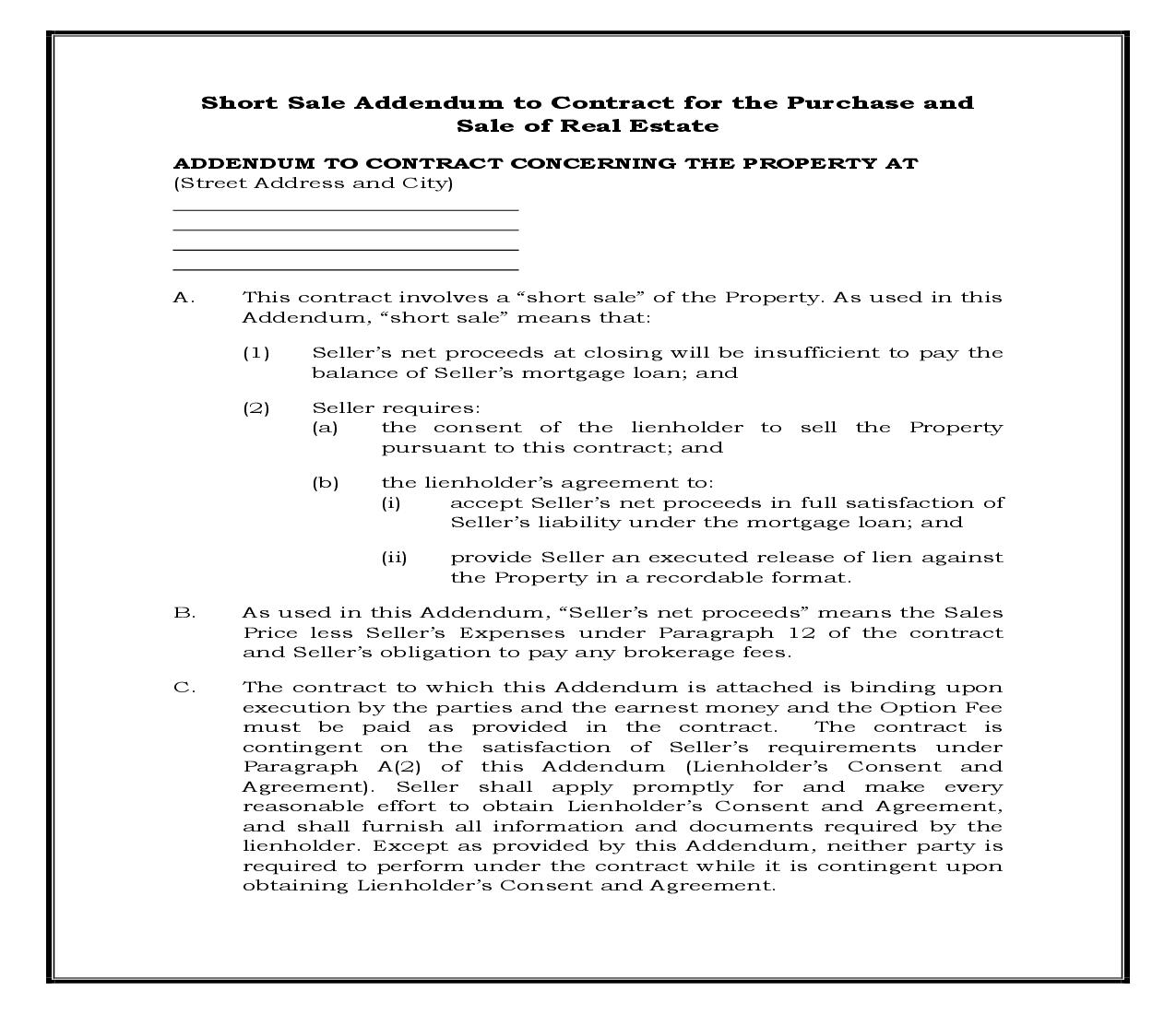 Short Sale Addendum To Contract For The Purchase And Sale Of Real Estate {RE-2008AD} | Pdf Fpdf Docx | Legal Forms