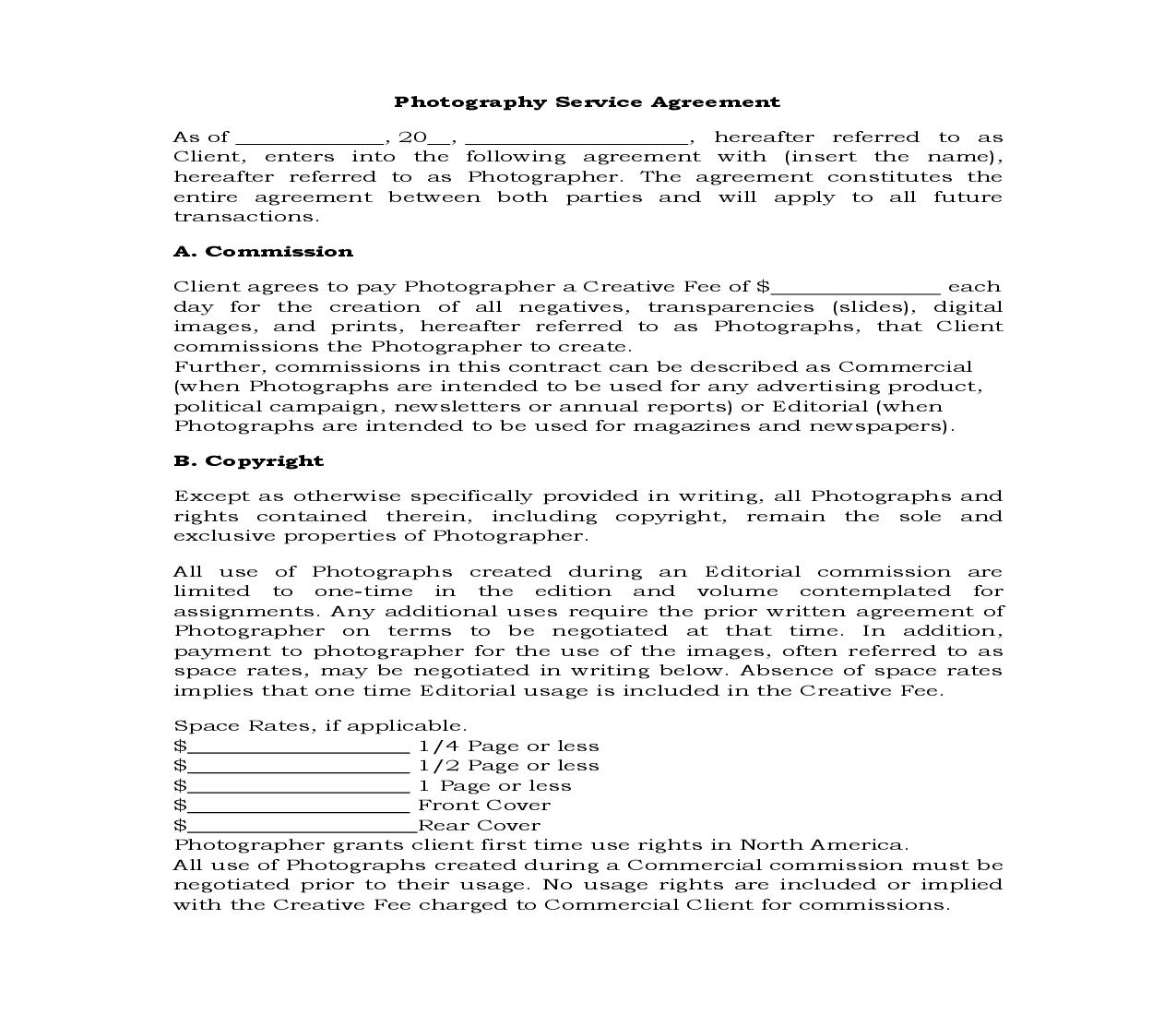 Photography Services Agreement {SAG-503} | Pdf Fpdf Docx | Legal Forms