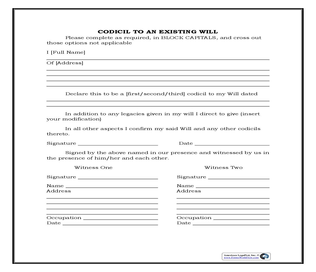 Codicil To An Existing Will - For Amending Your Will (Generic) {WILL 100} | Pdf Fpdf Docx | Legal Forms